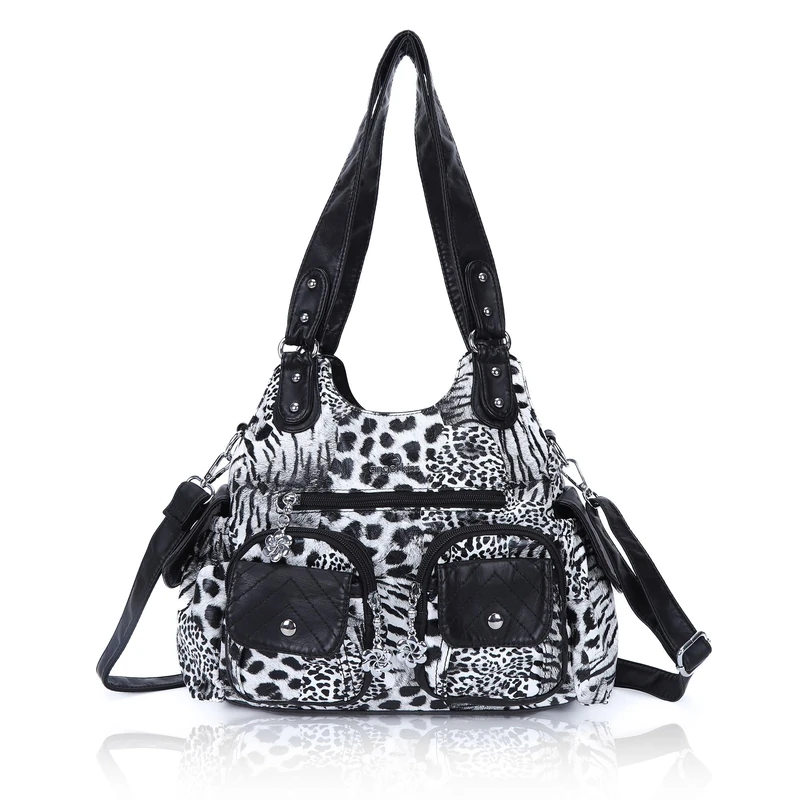 Angel Kiss Handbags for Women Large Tote Hobo Bag Soft PU Leather Multi-Pocket Shoulder Bag Top Handle Handbag, B-black