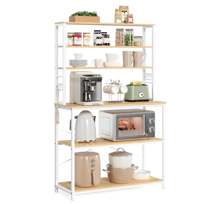 VASAGLE Kitchen Storage Rack, Coffee Bar, Baker's Rack, Total 6 Shelves and 6 Hooks, for Microwave, Steel Frame, Industrial, 40 x 100 x 167 cm, Golden Oak and Cloud White KKS039Y09