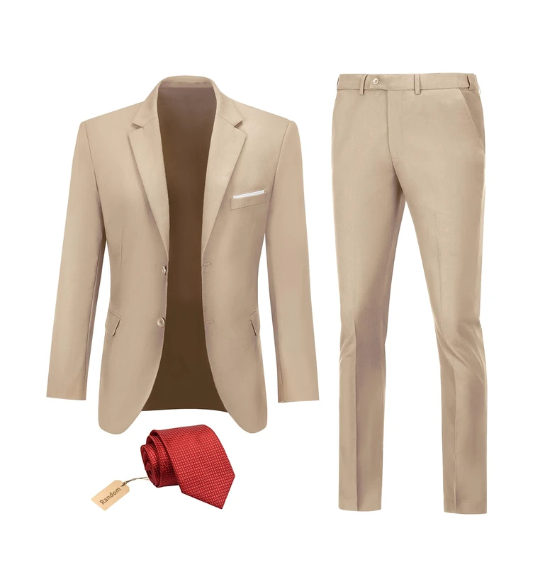 Datysum Men Suit 2 Piece Groomsmen Tuxedo Prom Blazer Slim Fit Suits Two Button Wedding Dress Jacket Pants Set with Tie, Champagne, XS - Image 1