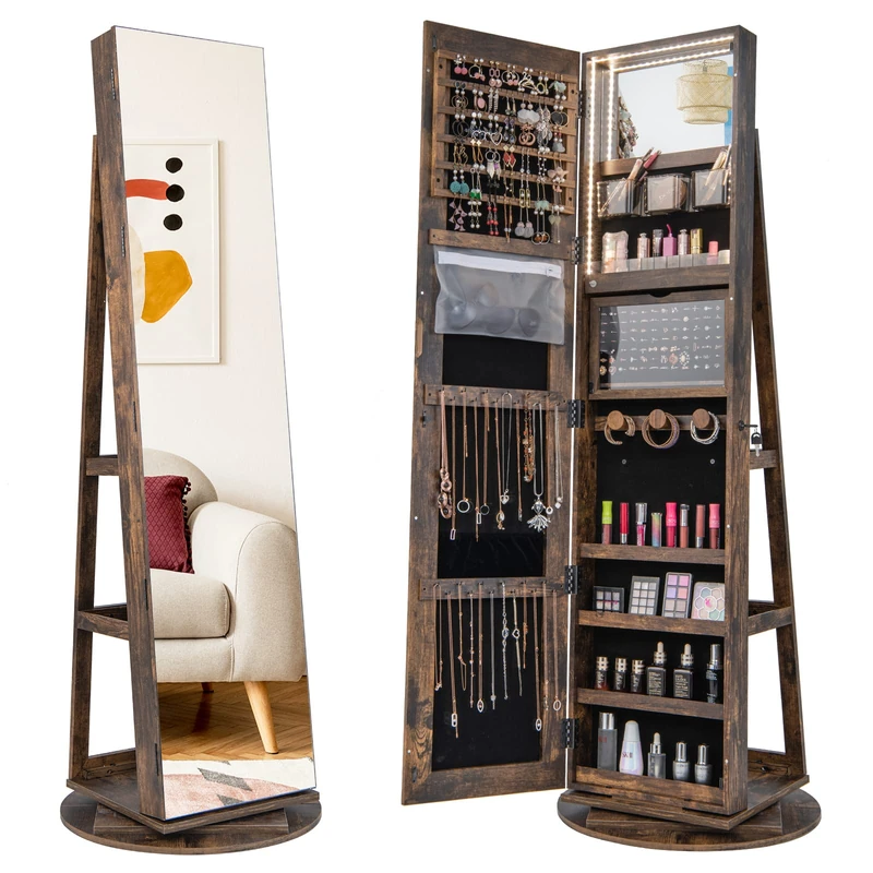 RELAX4LIFE 360° Swivel Jewellery Cabinet, Lockable Jewelry Armoire with Full-Length Mirror & 3-Color LED Lights, Freestanding Cosmetic Storage Organizer for Living Room Dressing Room (Rustic Brown)