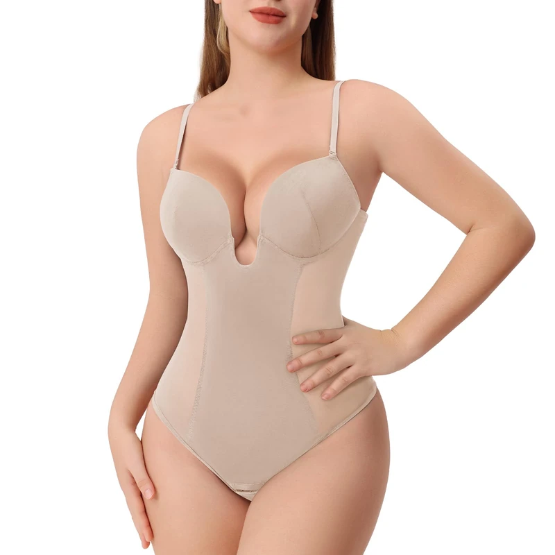 Slimers Thong Shapewear for Women Tummy Control Low Back U Plunge Backless Body Shaper Bra Faja with Open Crotch Bodysuit, Beige, Medium