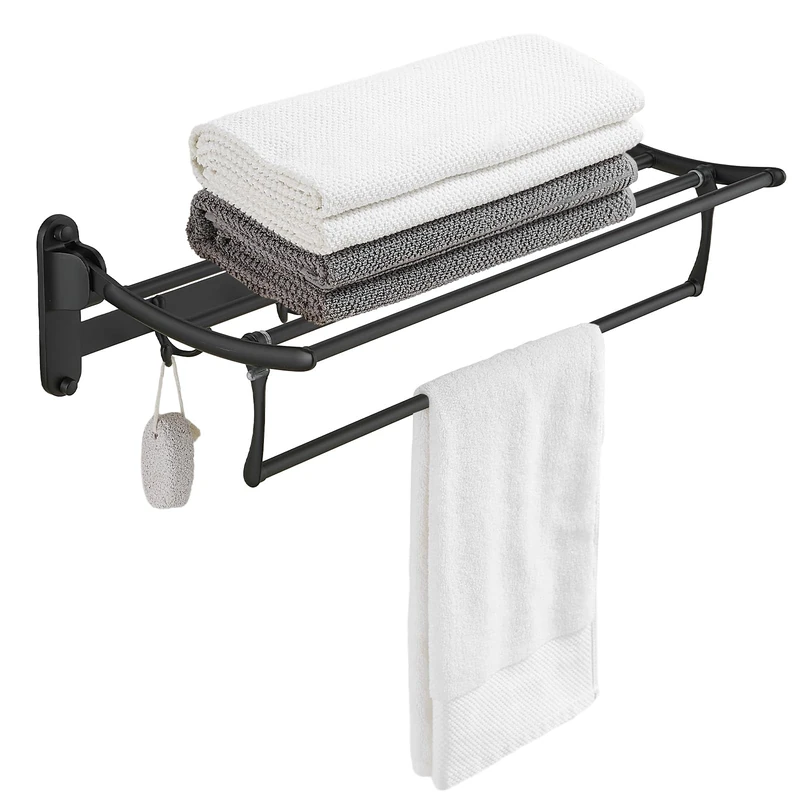 BESy 24 Inch Matte Black Towel Racks, Bathroom Towel Shelf with Foldable Towel Bar Holder and Towel Hooks, Wall Mounted Multifunctional Double Towel Bars