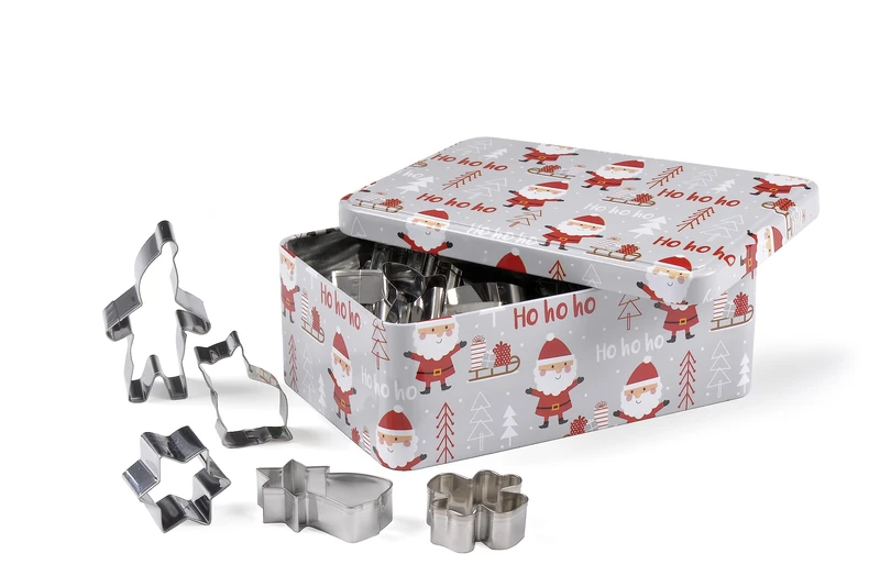 patisse 13721 - Grey Metal Santa Print Box with 25 Different Stainless Steel Cookie Cutters - Tree, Elf, Angel, Star, Gingerbread, Candy Cane etc