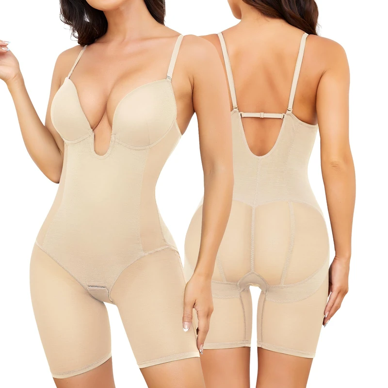Slimers Body Shaper for Women Tummy Control U Plunge Backless Full Body Shapewear Mid Thigh Mesh strapless Bodysuit Top, Beige, Large