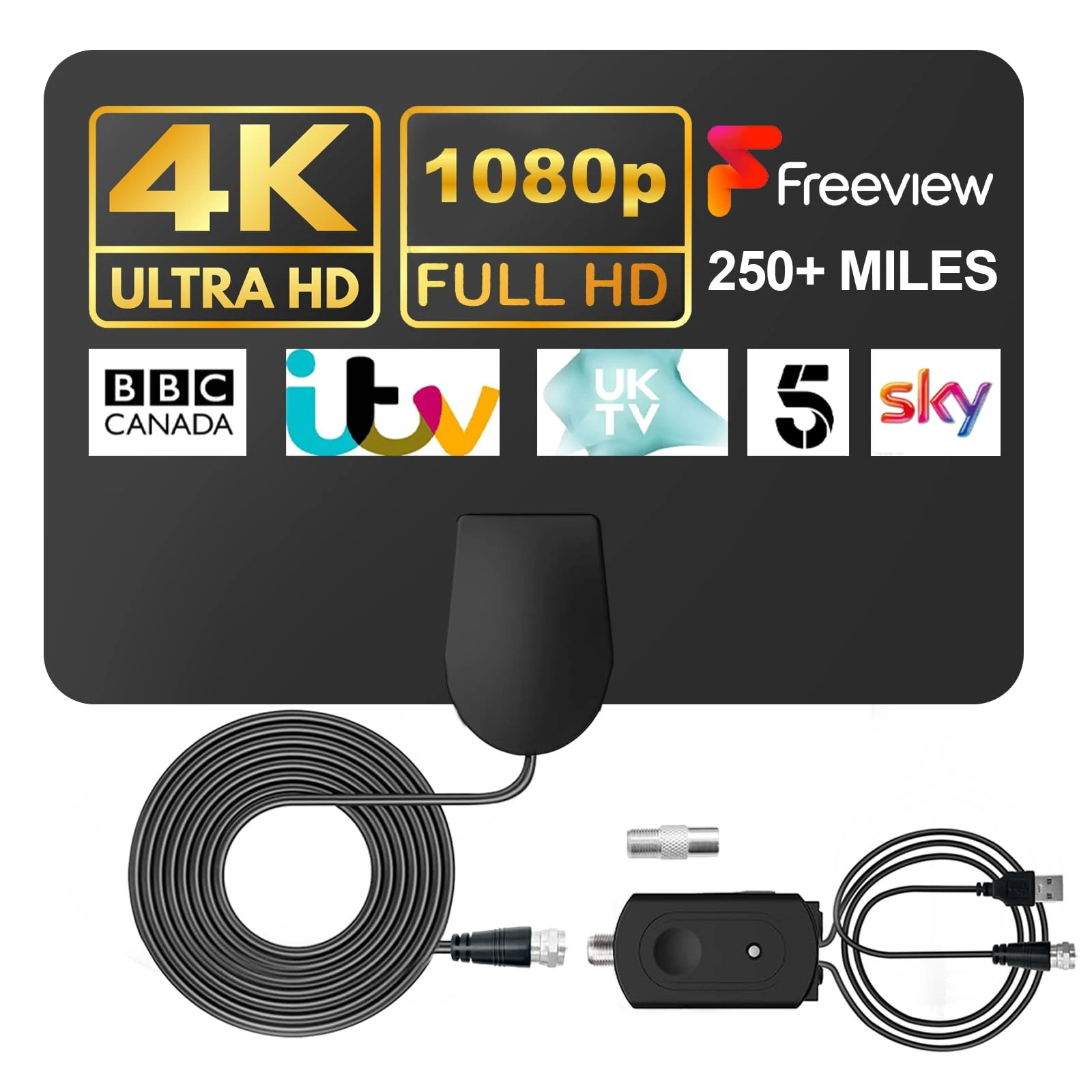 CNMTCCO TV Aerial Indoor with 250+ Miles Long Range Reception, Indoor TV Aerial for Freeview TV Support 4K 1080P Local HDTV Channels, Contains 13 ft Coax Cable ＆ Booster