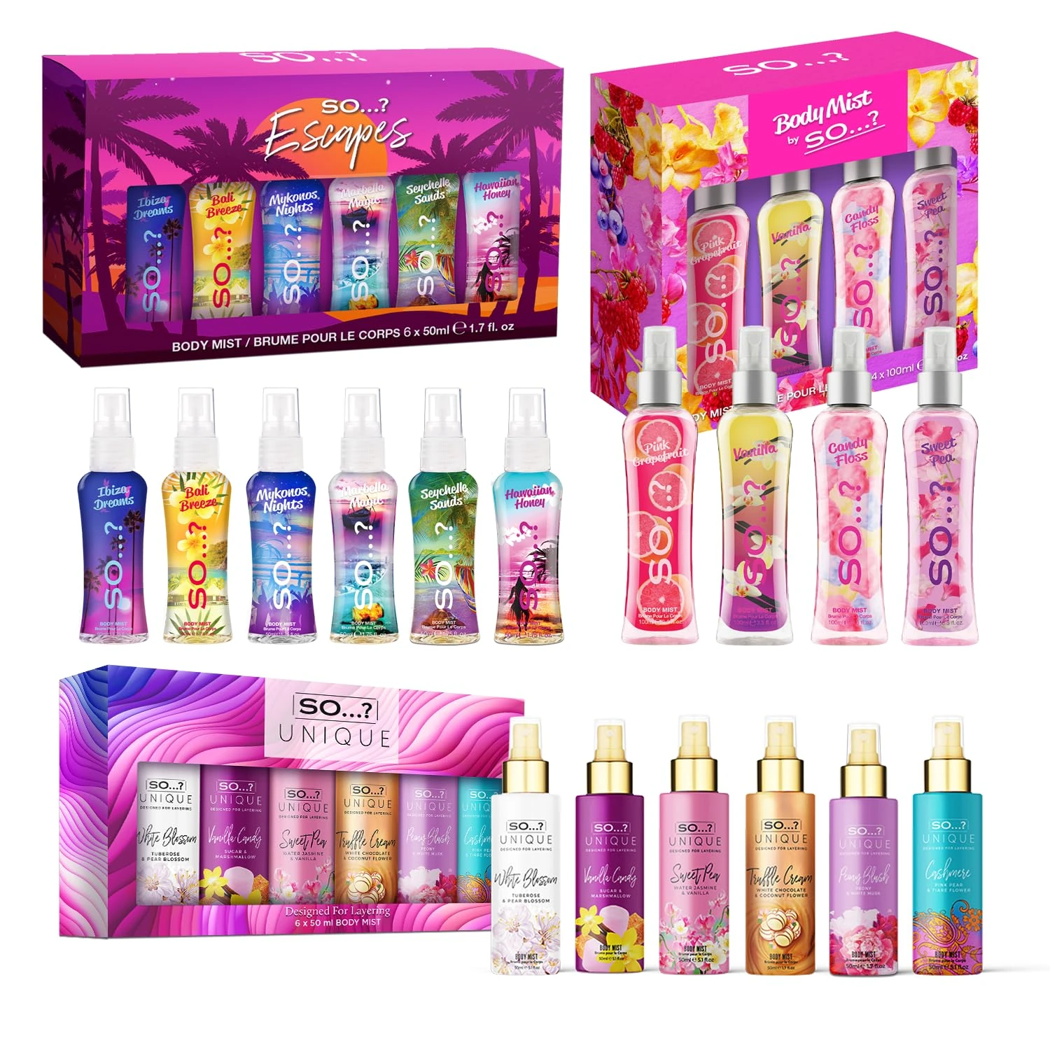 So…? Self Love Heaven Womens Body Mist Gift Set Bundle, Unique Grande (6x50ml), Summer Escapes Grande (6x50ml) & Body Mist by So…? Luscious Four Set (4x100ml)