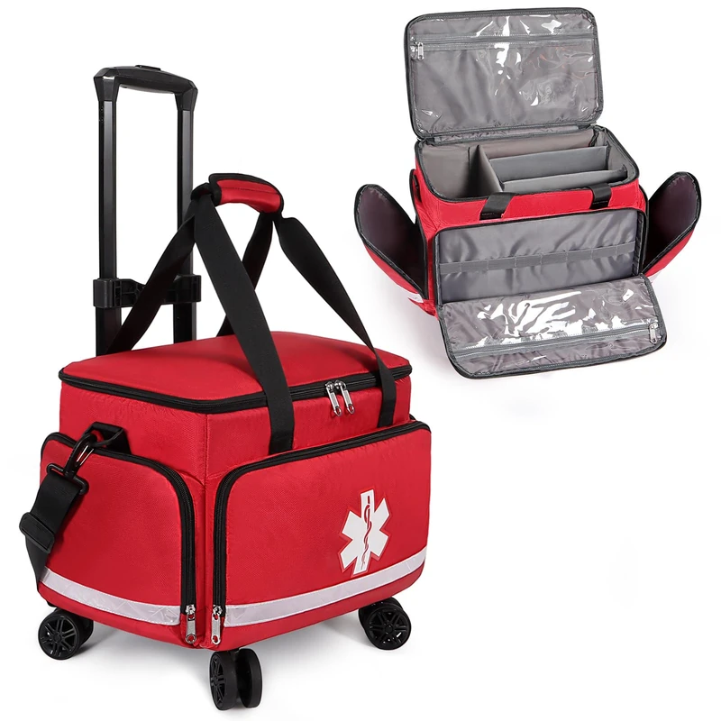 Medical Bag Rolling Trolley Duffel for Nurses, EMT, CNA, RN, First Aid Responders, Home Health Care, Nursing Students, Physicians, Doctors, Red
