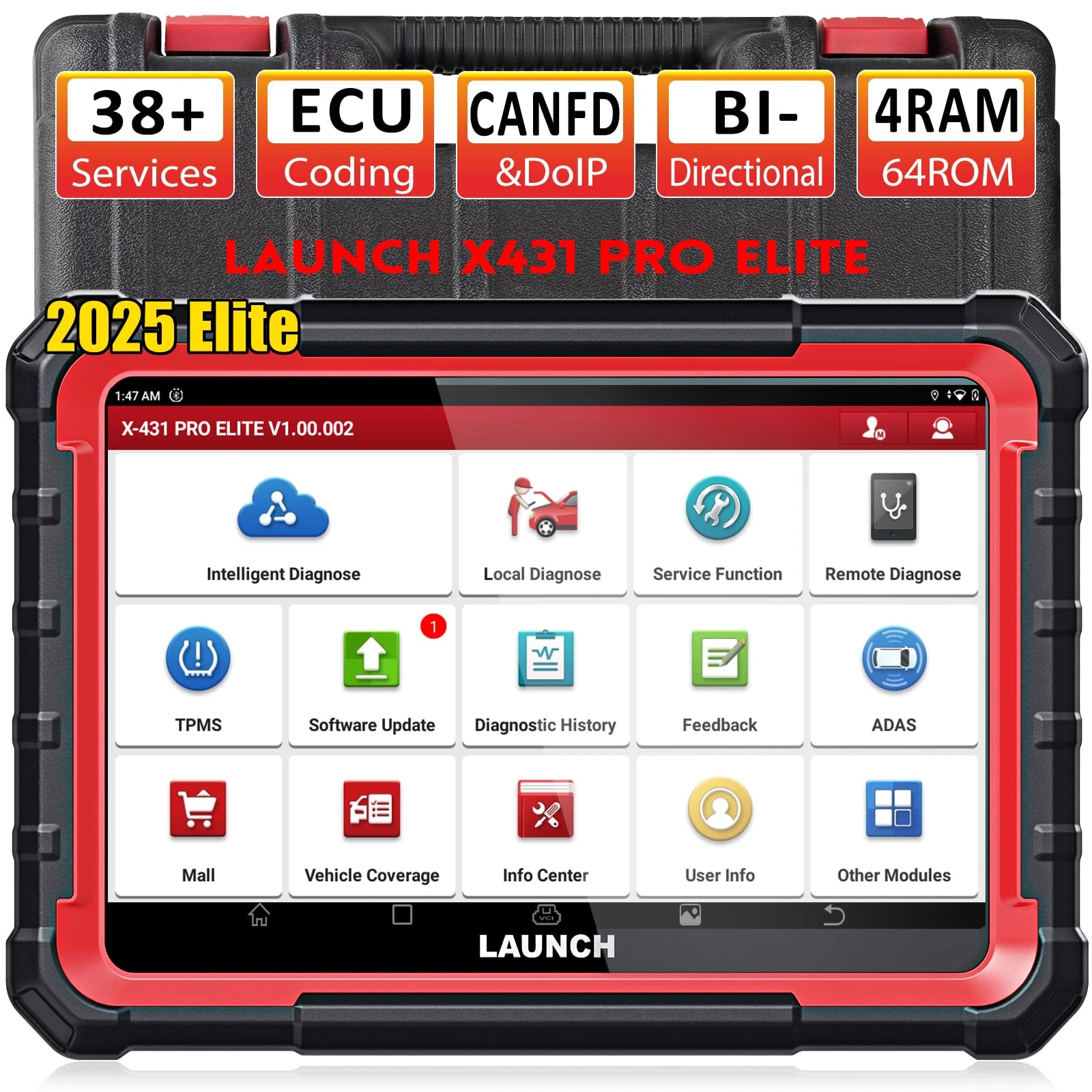 LAUNCH X431 Pro Elite Diagnostic Tool, Bi-Directional OBD2 Scanner, ECU Online Coding, Full System, 38+ Resets Services, CANFD&DOIP, FCA, with 2 Years Update, 2025 Model