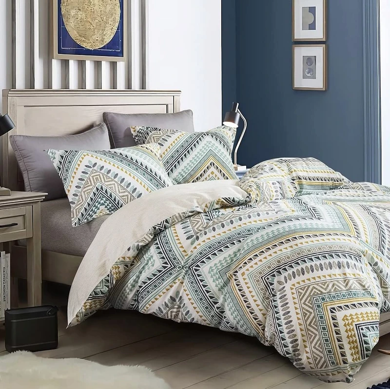 SLEEPBELLA Comforter Twin Size, 600 Thread Count Cotton Yellow & Dark Blue Bohemian Pattern Printed on White Reversible Comforter Sets,Down Alternative Bedding Set 2Pcs (Twin, Teal Geometric)