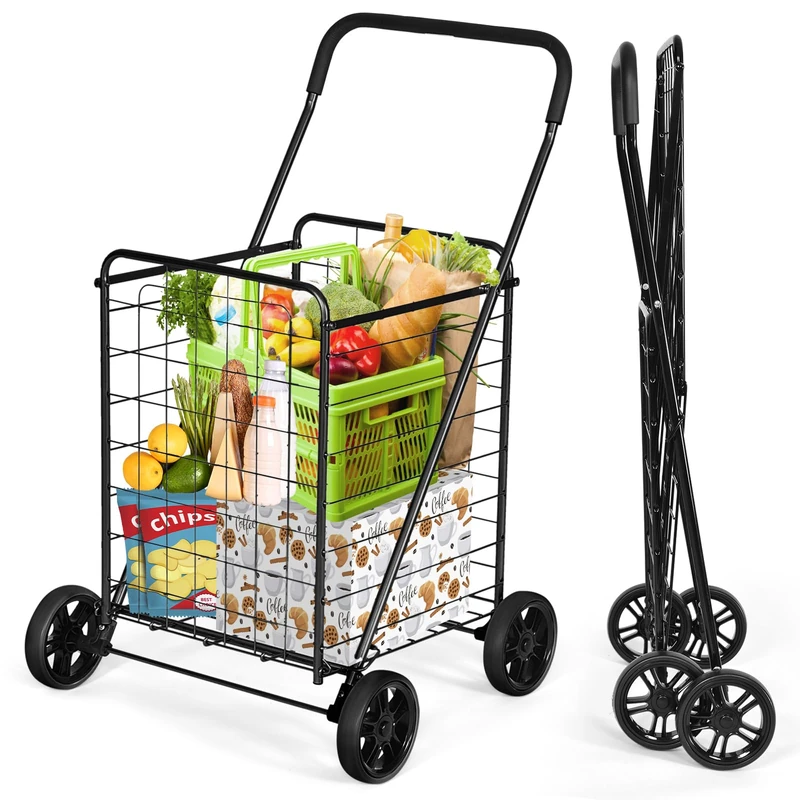 IRONMAX Grocery Shopping Cart, Foldable Heavy Duty Utility Cart w/Large Wheels for Easy Installation and Removal, Lightweight Trolley Cart for Grocery Laundry Luggage (Black) - Image 1
