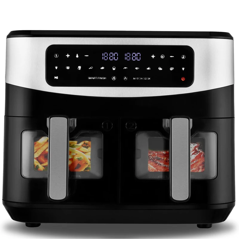 Venga! Double Air Fryer, 2x 4.5 L Capacity, 12 Preset Cooking Modes, Match Cook & Smart Finish Functions, 1400 W, Black/Silver, VG AFT 3008