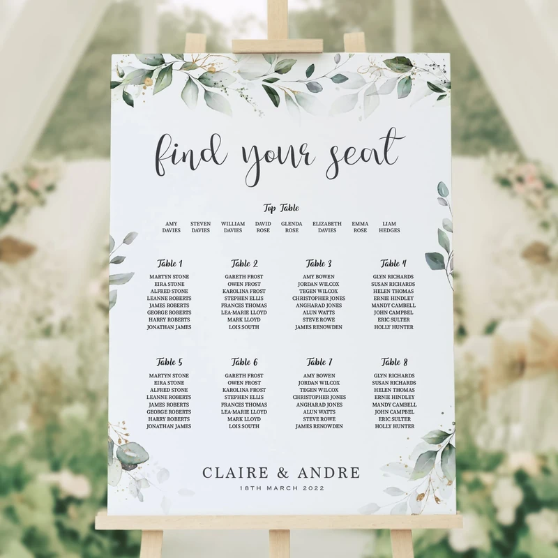 Personalised Wedding Seating Plan Eucalyptus - Canvas Or Poster Paper. Green Floral Wedding Sign Poster Seating Chart Green (A2 Canvas)
