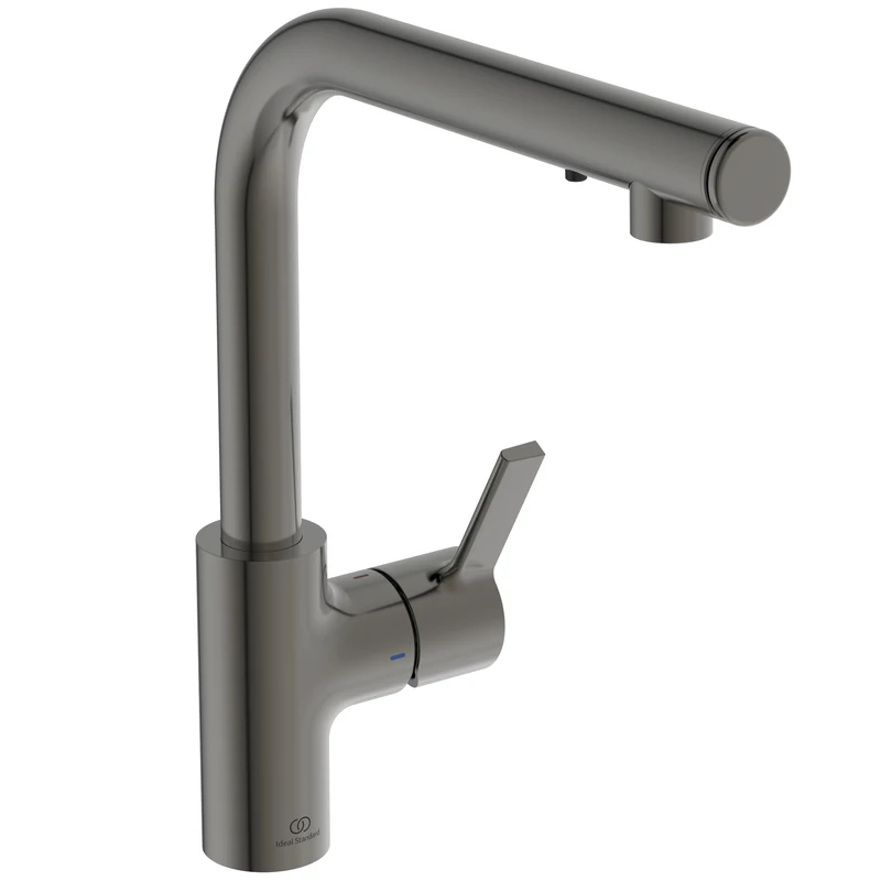 Ideal Standard – Gusto iMX Kitchen tap, High spout with Round L-Design, with Integrated soap Dispenser, 360° Swivel spout, Easy to Install with EasyFix+ Fixation, PVD Finish, Magnetic Grey