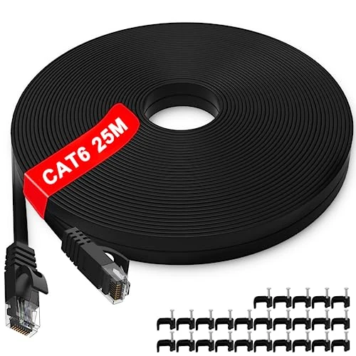 Ethernet Cable 25m Outdoor Indoor, Long Ethernet Cable 25m Cat 6 High Speed Internet Cable, Pure Copper Core Network Cable 25 meter, Gigabit LAN Cable Flat RJ45 Patch Cable for Router (25 Clips)