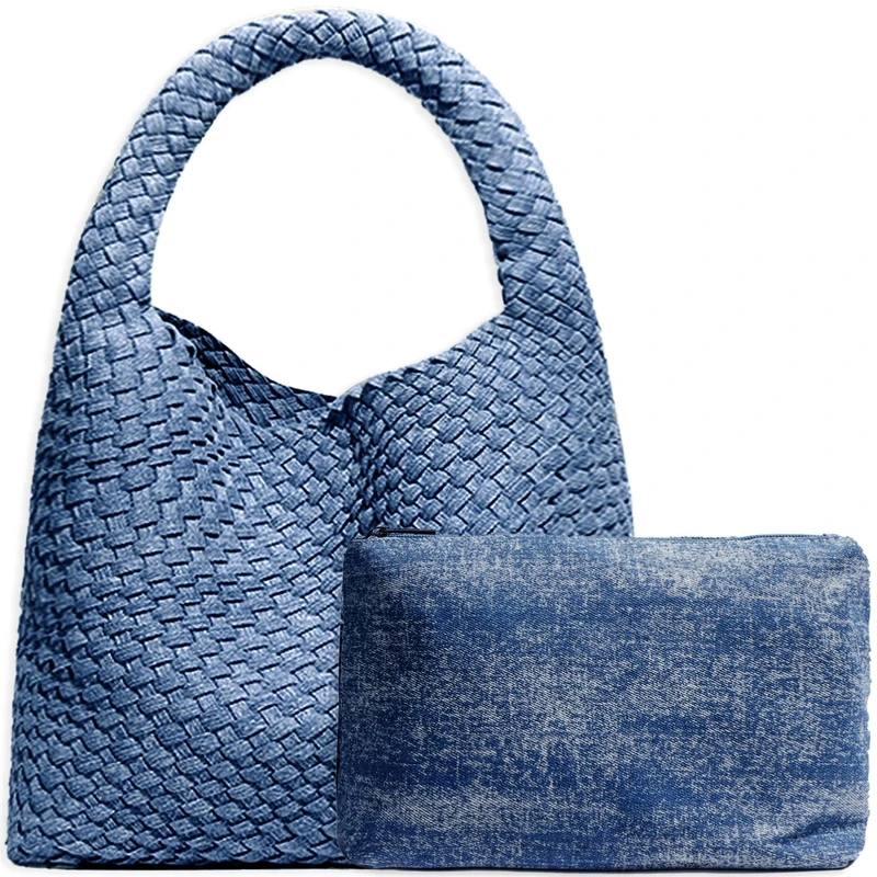 JINMANXUE Women Vegan Leather Hand-Woven Tote Handbag Fashion Shoulder Top-handle Bag All-Match Underarm Bag with Purse, Denim Blue