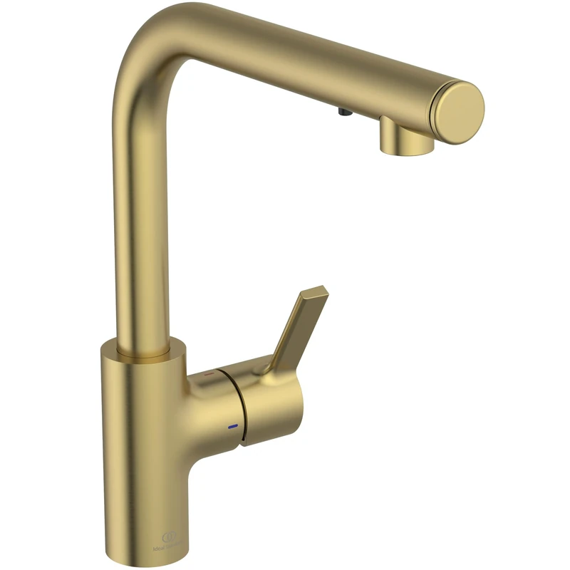 Ideal Standard – Gusto iMX Kitchen tap, High spout with Round L-Design, with Integrated soap Dispenser, 360° Swivel spout, Easy to Install with EasyFix+ Fixation, PVD Finish, Brushed Gold - Image 1