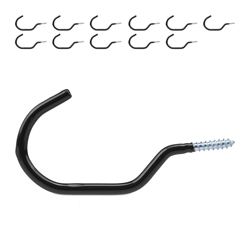 Relaxdays Bike Hooks, Set of 12, Wall & Ceiling Bicycle Suspension, Rubberised, Screw-In Hanger, Storage Rack, Black, Steel, 7 x 14.5 x 0.7 cm