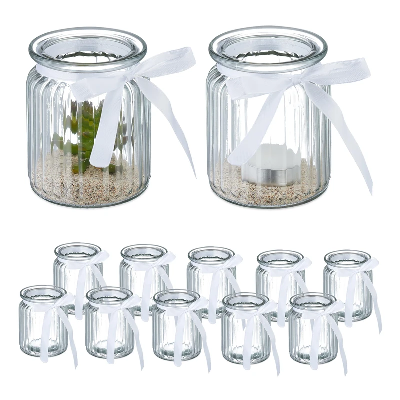 Relaxdays Candle Holders, Set of 12, Glass, Jar with Bow, Tealight Table Decor, 9.5 x 7.5 cm, Indoors & Outdoors, Clear
