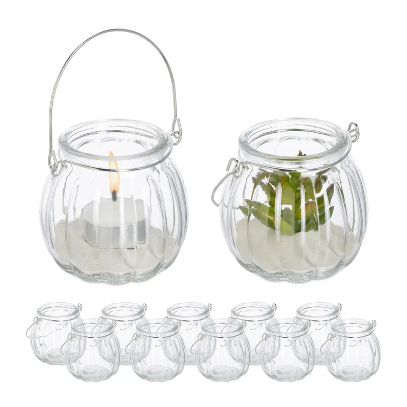 Relaxdays Candle Lanterns, Set of 12, with Handle, Round Glass, Tealight Holders, 7.5 x 8 cm, Indoors & Outdoors, Clear