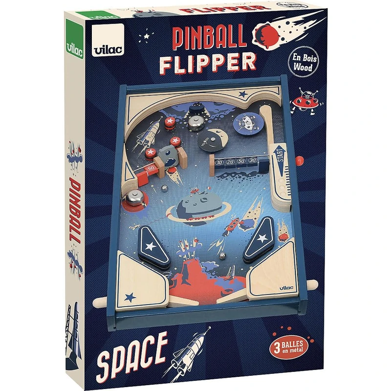 Vilac - Space pinball, Unique Vintage Design, from 5 Years, Wooden Children's Game, Boys and Girls Toys, 60cm x 40cm x 6cm