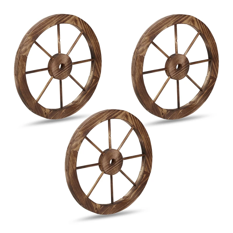 Relaxdays Wagon Wheel, Wood, Set of 3, Decoration for Garden, Terrace, Veranda, Rustic Cartwheel, Saloon, Western, Brown, 40 x 40 x 2.5 cm