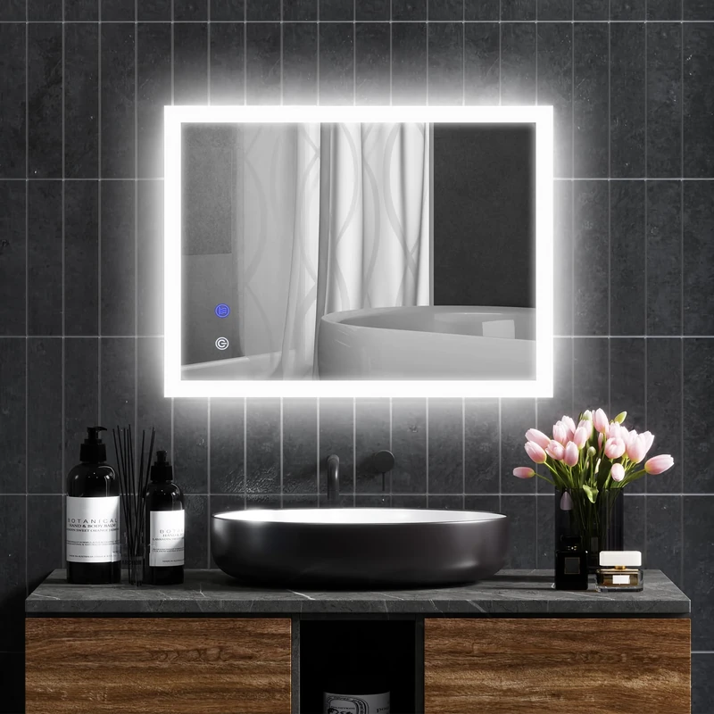 kleankin Illuminated LED Bathroom Mirror - 80 x 60 cm - with 3 Colours, Adjustable Brightness, Touch Switch Anti-Fog System Transparent