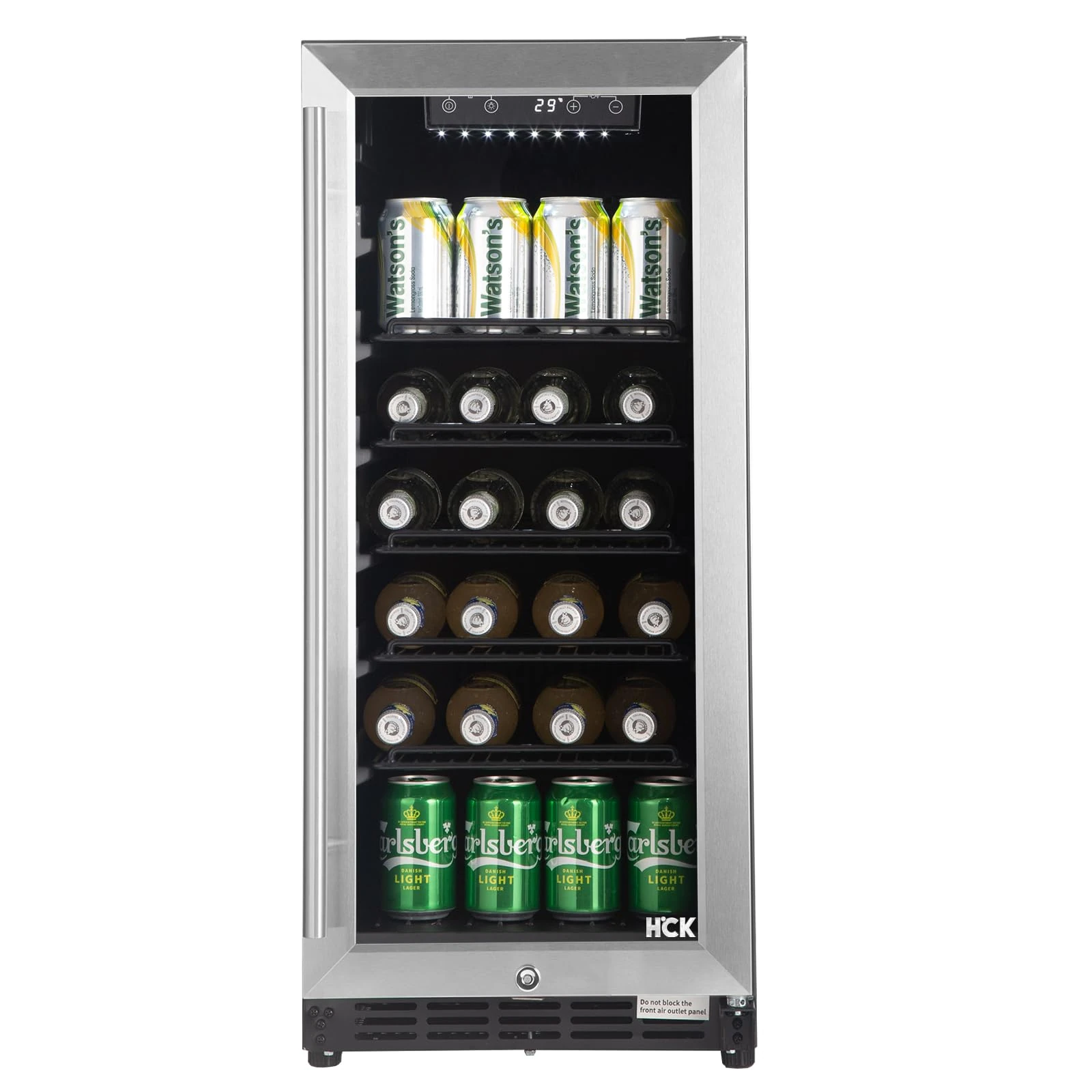 HCK 90L Undercounter Fridge for Garden, Durable Waterproof Stainless Steel，3-Layer Glass Door with Auto-Close & Auto Defrost, 4-22℃ Digital Temperature Control, Ideal for Beer Beverage and Wine