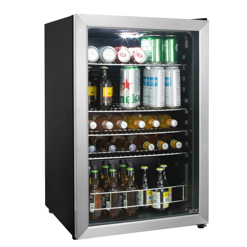 HCK Beer Fridge 115L Freestanding Beverage Refrigerator with Double Glazed Glass Door, Temperature from 0 to 10℃, Energy Class D