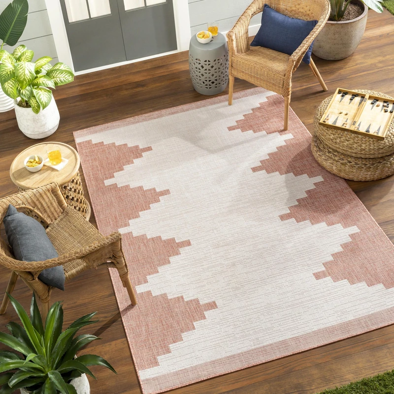 Livabliss Lagada Indoor Outdoor Rug - Large Boho Rugs for Living Room 160x230 cm Dining, Kitchen Carpet, Patterned Neutral and Coloured Rugs, Waterproof, Stain Durable - Coral, Ivory