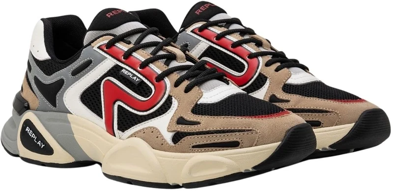 REPLAY Men's Destiny M Night 2 Trainers, 3323 Beige Black Red, 40 EU, 3323 Beige, Black, red, 8 UK