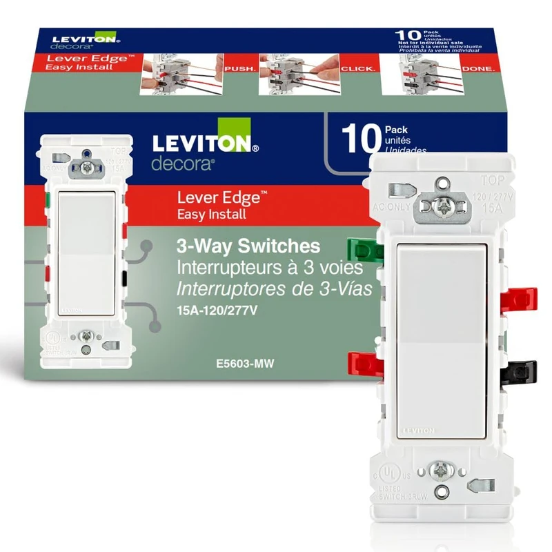 Leviton E5603-MW Decora Edge 15 Amp 3-Way Rocker Switch, 10-Pack, White
