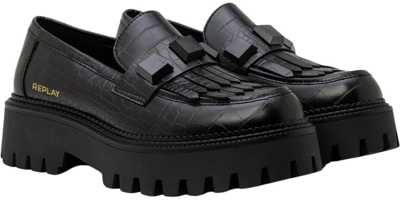 REPLAY Ladies Faux Leather Loafers, 003 Black, 8.5 UK - Image 1