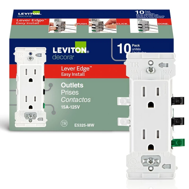 Leviton E5325-MW Decora Edge 15 Amp Tamper-Resistant Duplex Outlet, 10-Pack, White