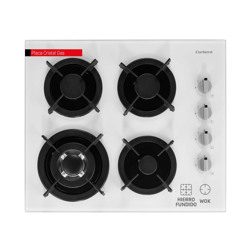 Corberó CPCGY2314W Glass Plate Gas Power 7.8 Kw, 4 Fures, Butane Gas, White, Wok Zone, Cast Iron Grill, Gas Cut-Off Safety Valve, Automatic Safety Disconnect