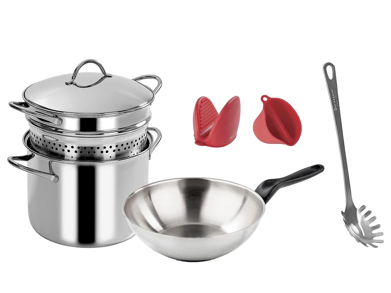 Set of 7 Pasta Mania, Made by: Pasta Pot, Skimmer and Stainless Steel Lid, Wok in Stainless Steel Diameter 28 cm, Servi Spaghetti and 2 Kitchen Potholders