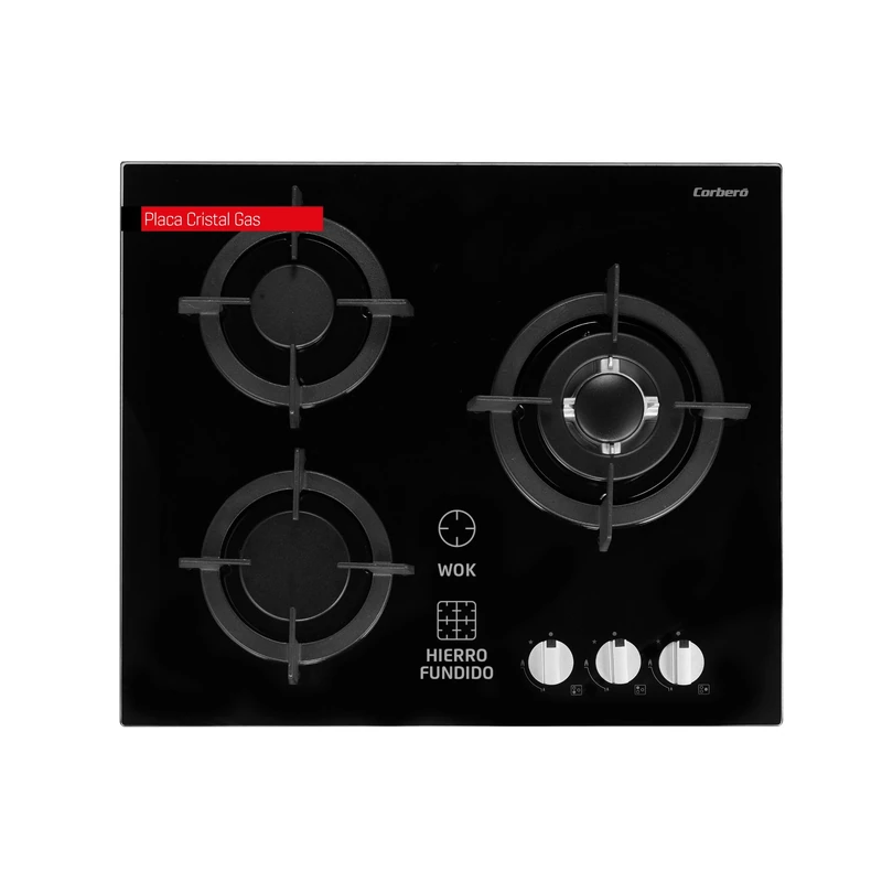 Corberó CPCGY2303N Glass Plate Gas Power 7 Kw, 3 Fire, Butane Gas, Black, Wok Zone, Cast Iron Grill, Safety Valve, Gas Cutout, Automatic Safety Disconnect