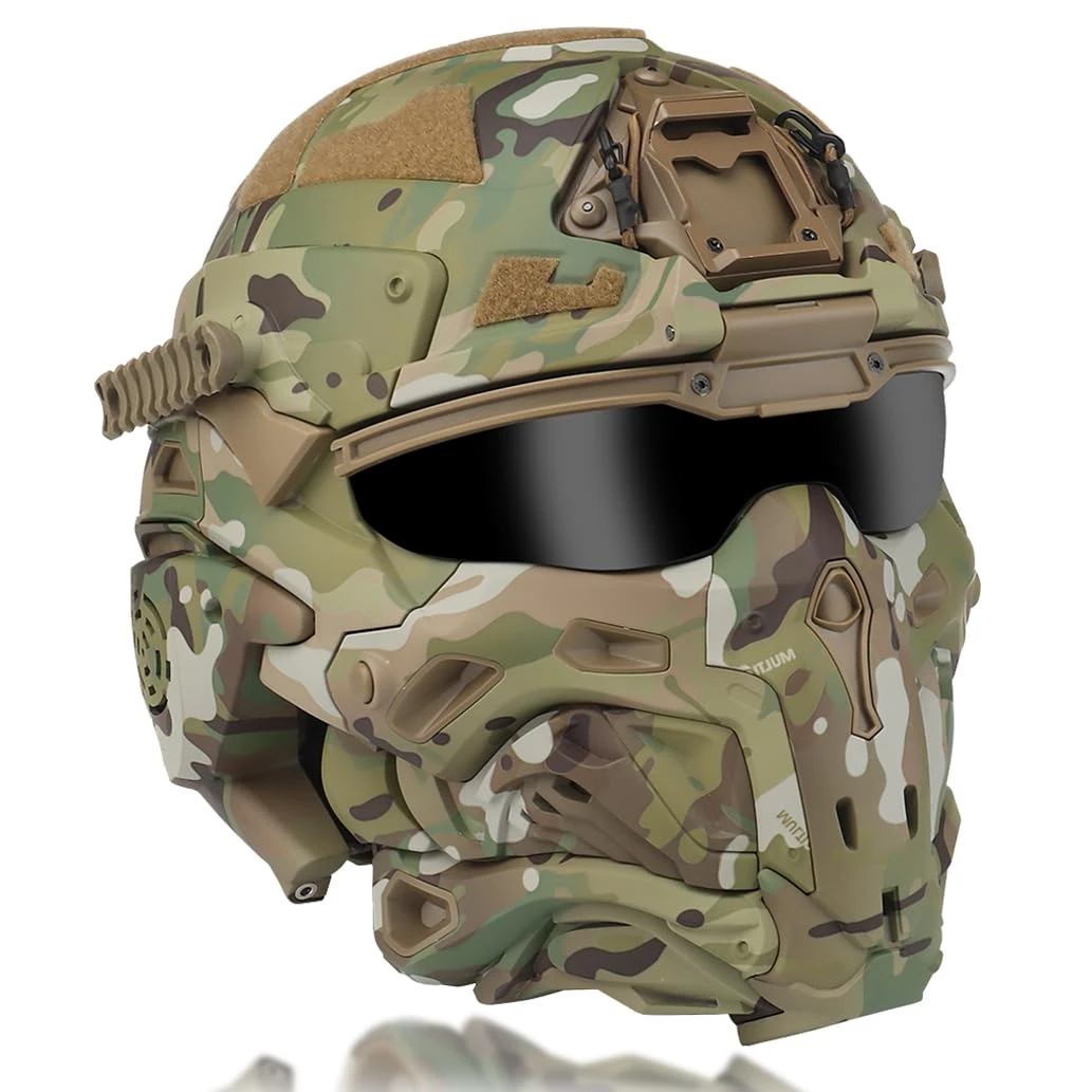 All-In-One Tactical Helmet,HD Headset NVG Base Side Rail Mask Anti-fog Fan Goggle Multifunction Full Covered Airsoft Paintball Cs Protection Gear (Multicam)
