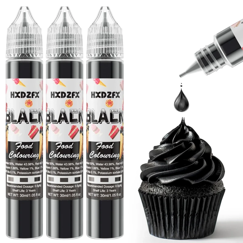 Black Food Colouring - 30ml×3 Bottles Concentrated Food Colouring Liquid for Baking, Cake Decorating, Candy, Macaron, Icing and Cooking (Black, 3 Bottles x 30ml)