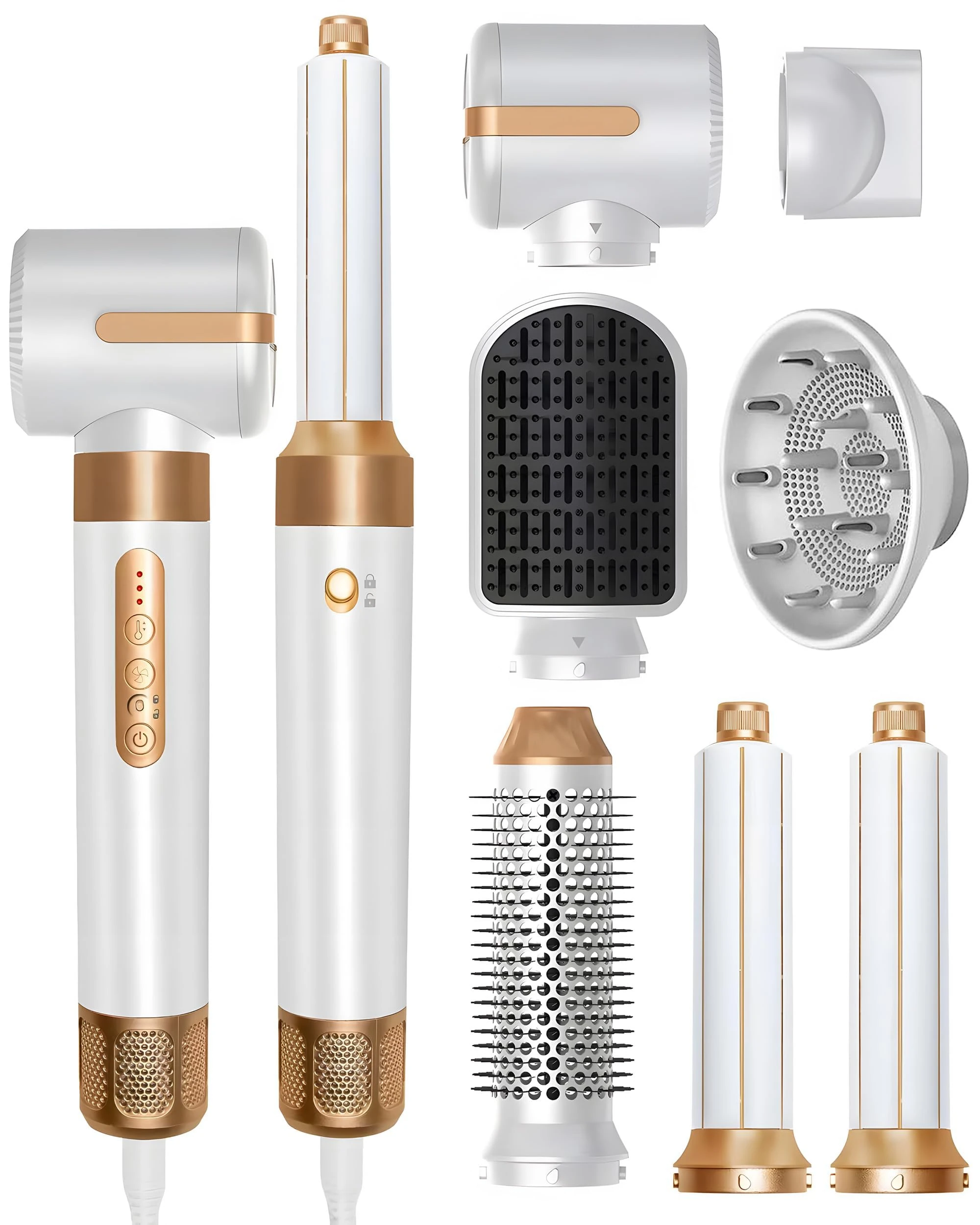 Hair Dryer Styler 7 in 1, High Speed Brushless Motor Blow Dryer Wrap Styling Tools Set - Hot Air Brush, Diffuser, Nozzles, Hair Straightener Comb, Curling Wand, Volumizer (W7S)