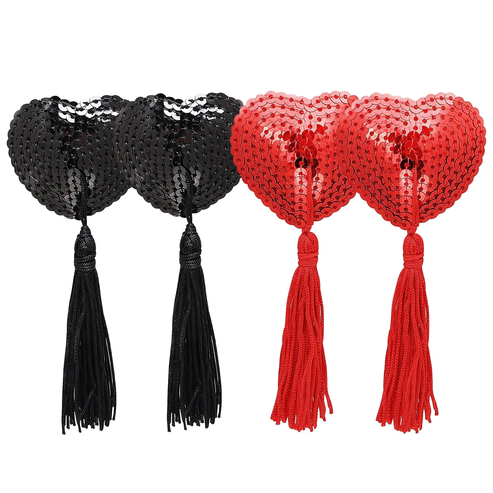 EQLEF Nipple Covers Breast Pasties, Self Adhesive Nipple Covers with Tassel Reusable Women Sexy Sequins Tassel Heart-Shaped Lingerie Breast Petal Pasty Nipple Tassels for Women (black red)