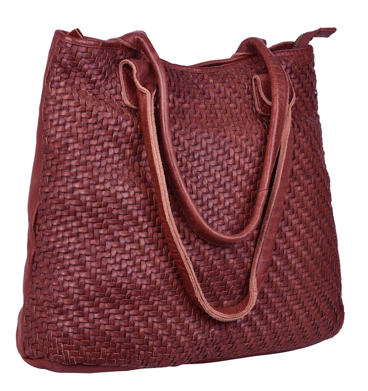 ANTONIO VALERIA Alice Braided Washed Leather HandBag for Women, Red - Image 1