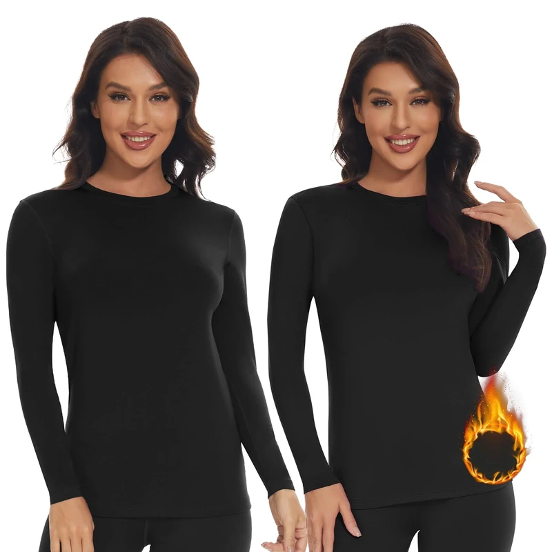 SIMIYA Thermal Tops Womens Round Neck Soft Base Layers Long Sleeve Top Women Thermal Underwear Shirt Warm Wicking (2 Pack Black, L)