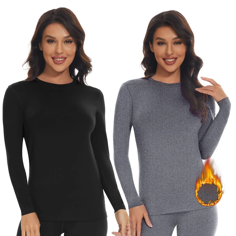 SIMIYA Thermal Tops Womens Round Neck Soft Base Layers Long Sleeve Top Women Thermal Underwear Shirt Warm Wicking (Black+Grey, L)