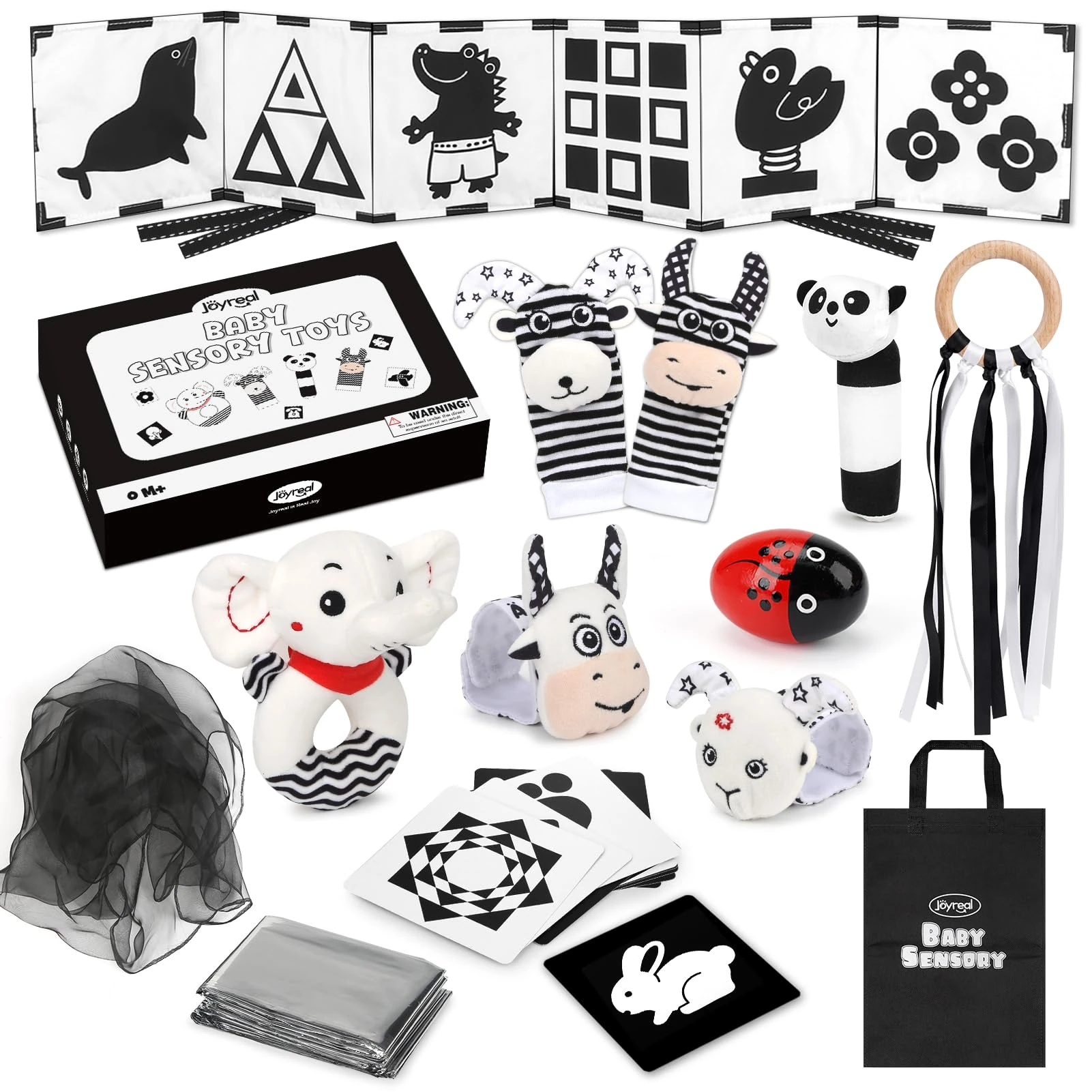 Joyreal Baby Sensory Toys, 13 Pcs Black and White Sensory Toys 0-6 Months, Foil Blanket, Sensory Cards, Baby Rattles, Ribbon Ring, Scarf, Maracas
