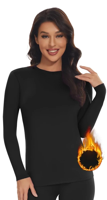 SIMIYA Thermal Tops Womens Round Neck Soft Base Layers Long Sleeve Top Women Thermal Underwear Shirt Warm Wicking (Black, L)