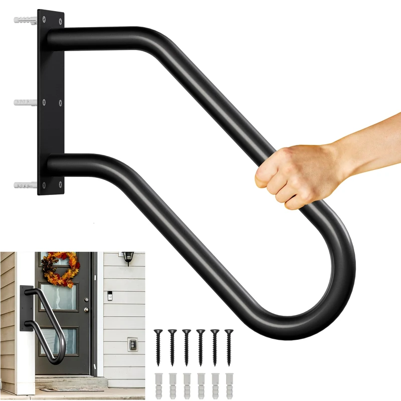 Xesi Outdoor Step Handrail, Black Steel, Powder Coated - Wall Mounted Stair Railing for 1 to 3 Steps