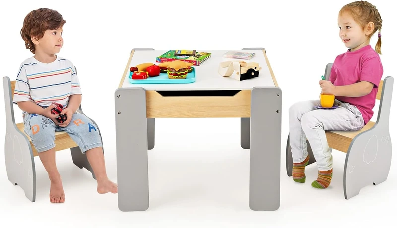 GYMAX Kids Table and Chair Set, Children Activity Desk with 2 Chairs, Reversible Blackboard Tabletop and Hidden Storage Space, 3 Pieces Wooden Toddler Furniture Set for Boys Girls (Grey)