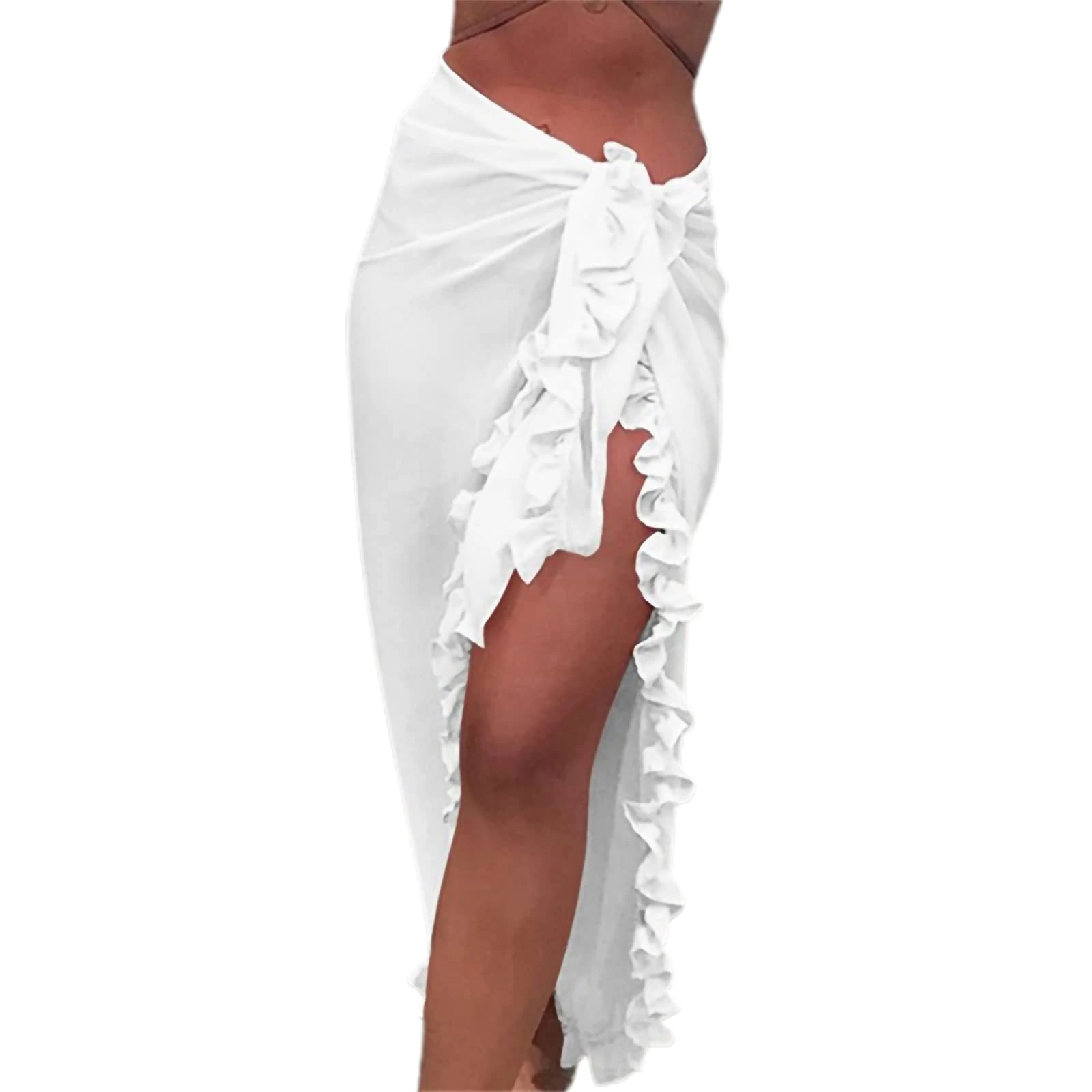 Edhomenn Women Long Beach Sarong Sheer Long Swimsuit Cover Ups Solid Color See-Through Bikini Wrap Skirt Vacation Holiday Beachwear (White, One Size)