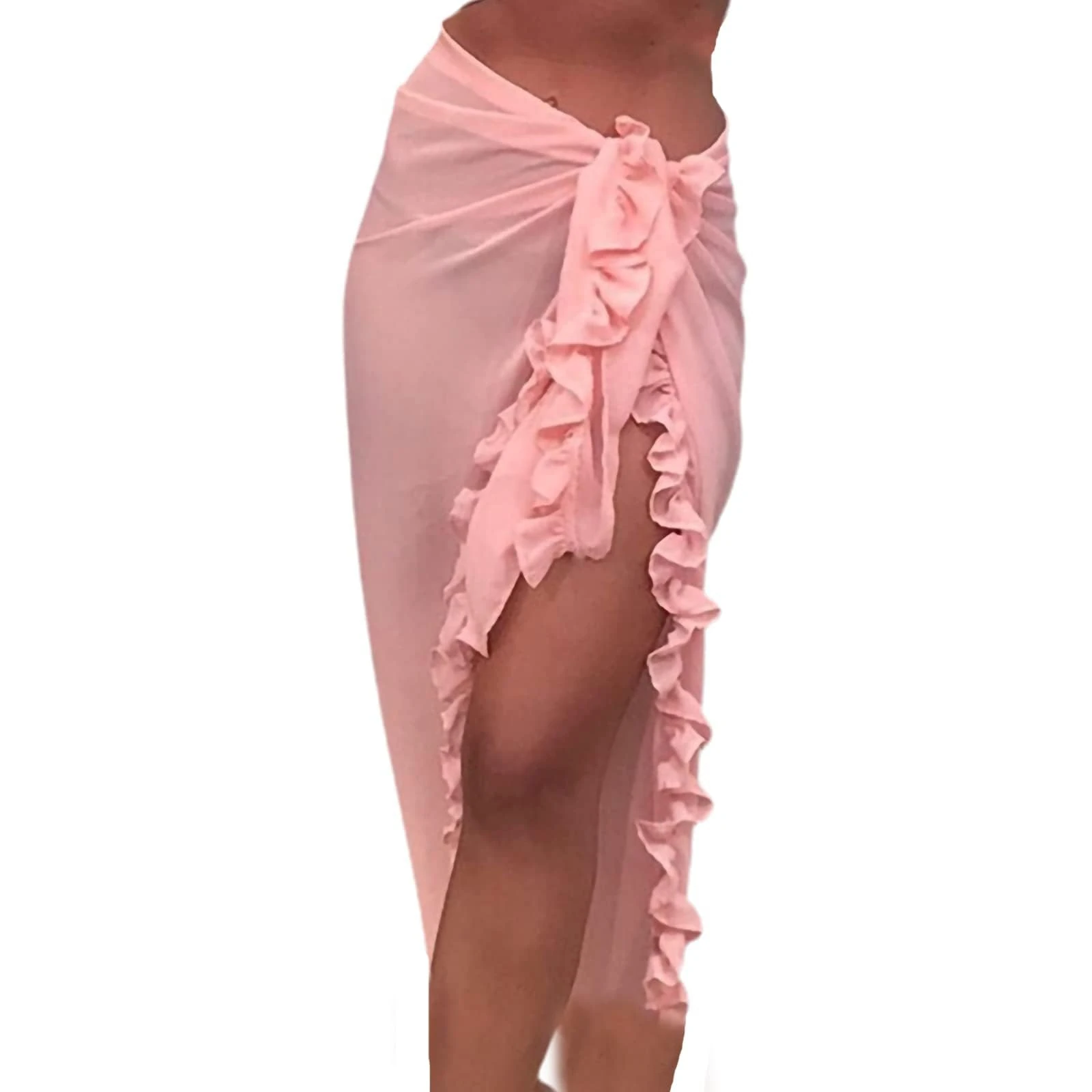 Edhomenn Women Long Beach Sarong Sheer Long Swimsuit Cover Ups Solid Color See-Through Bikini Wrap Skirt Vacation Holiday Beachwear (Pink, One Size)