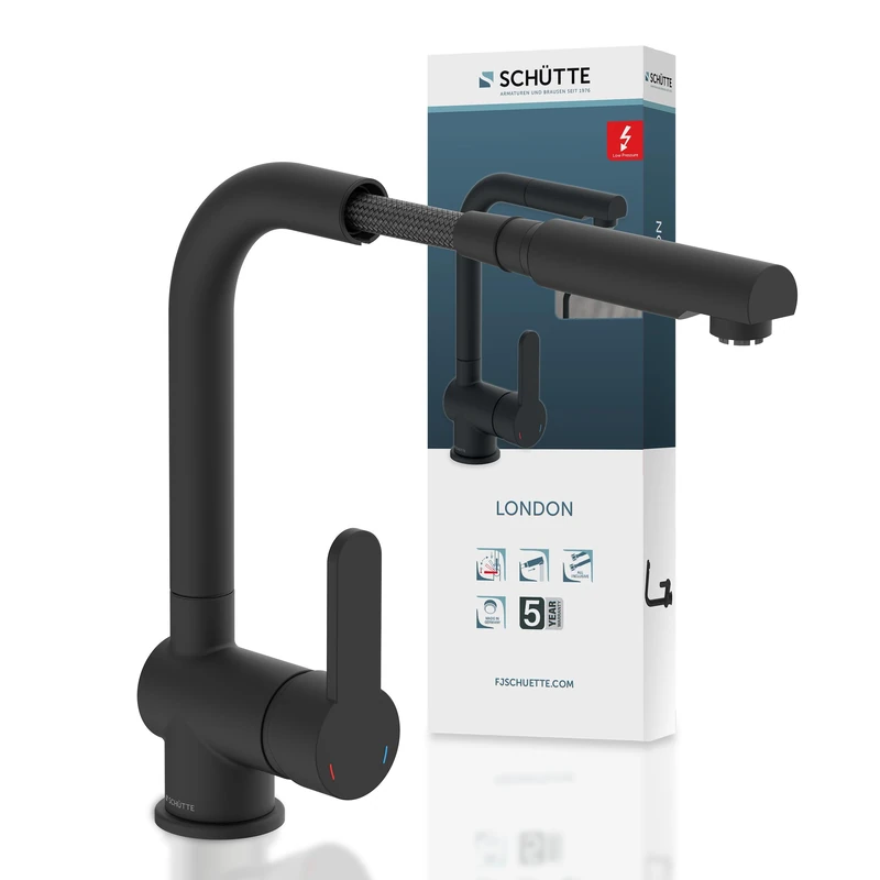 Schütte London Low Pressure Kitchen Faucet with Pull-Out Shower Head, Water Heater/Under Table Appliance Fixture, 360 Degree Rotatable Water Tap Kitchen, Mixer Tap Sink Fixture 79769, Black
